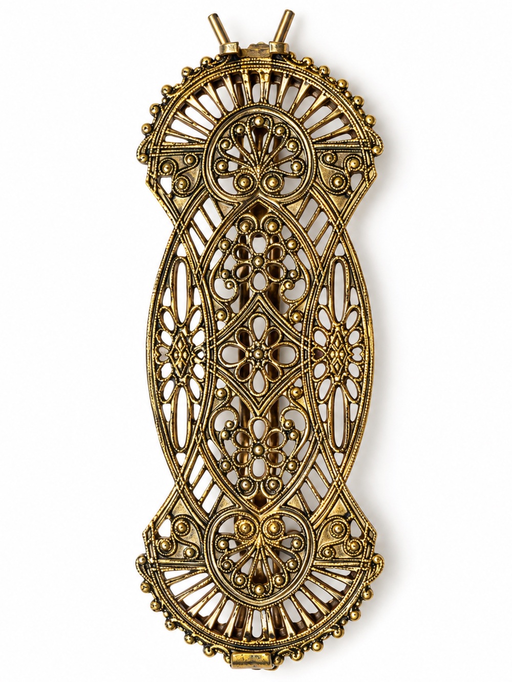 Vintage Gold Tone Filigree Hair Barrette Double Prong Hair Pin Ornate Floral